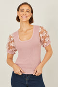 Yumi Blush Knitted Top With Floral Applique - QHA UK