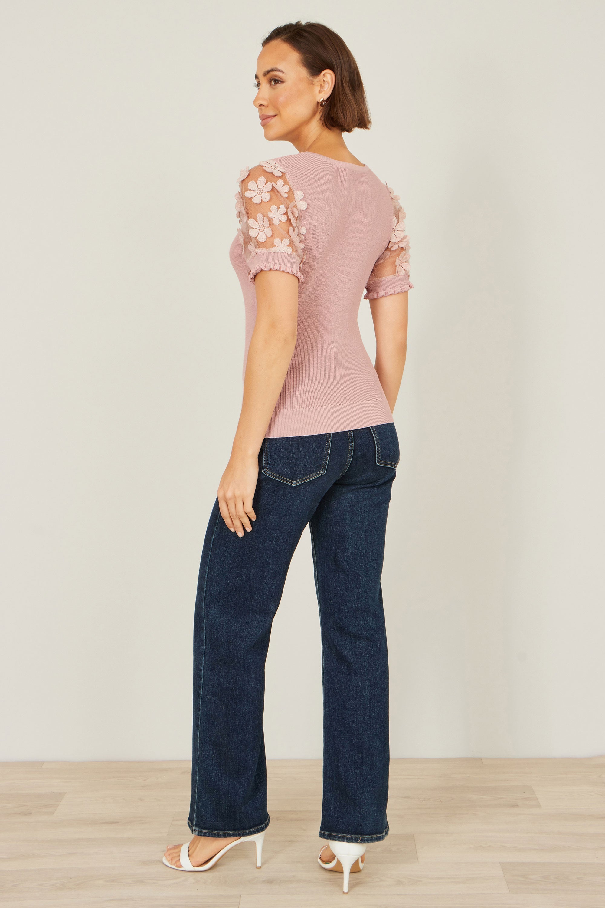 Yumi Blush Knitted Top With Floral Applique