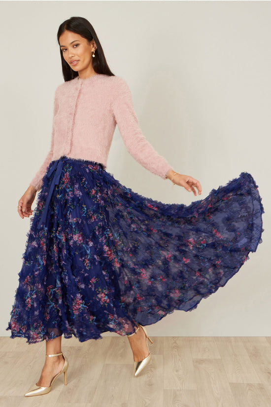 Yumi Navy Floral Ruffle Mesh Midi Skirt - QHA UK
