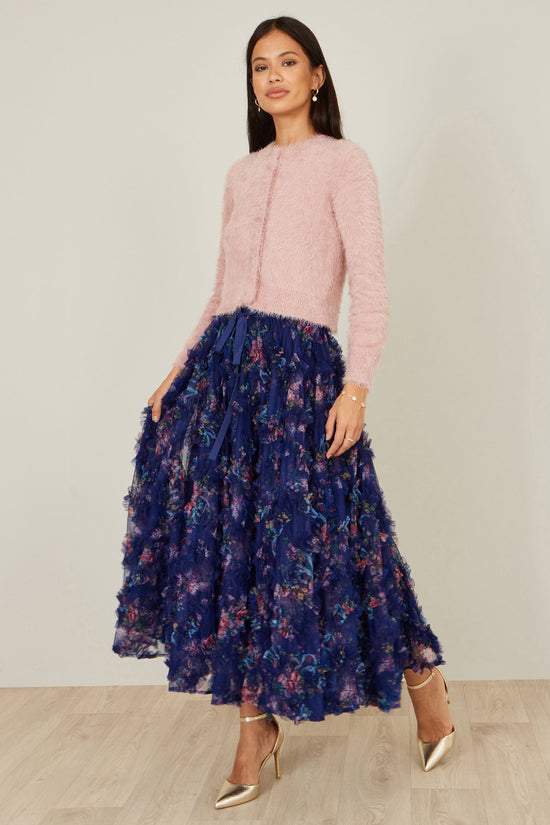 Yumi Navy Floral Ruffle Mesh Midi Skirt - QHA UK
