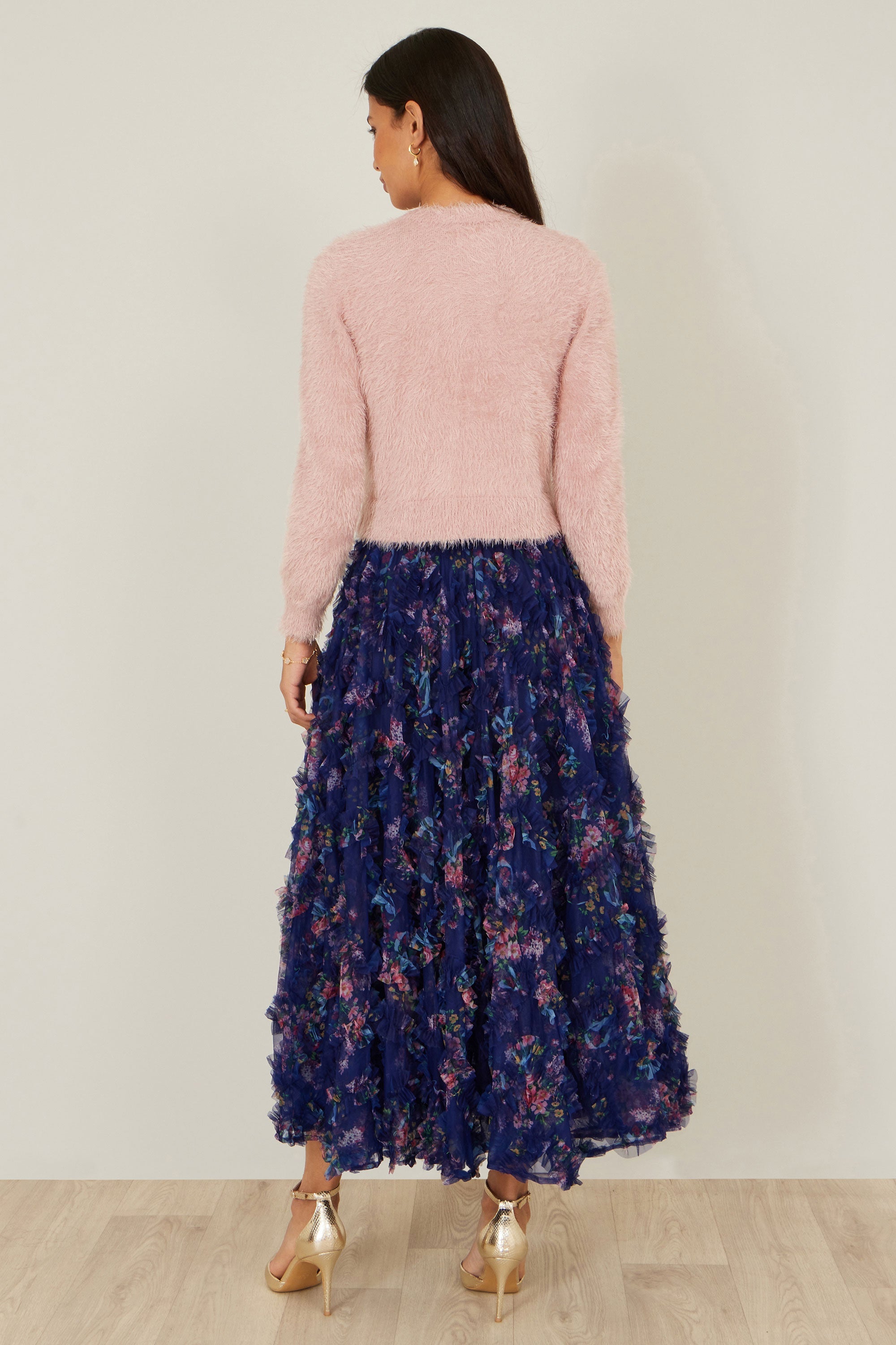 Yumi Navy Floral Ruffle Mesh Midi Skirt