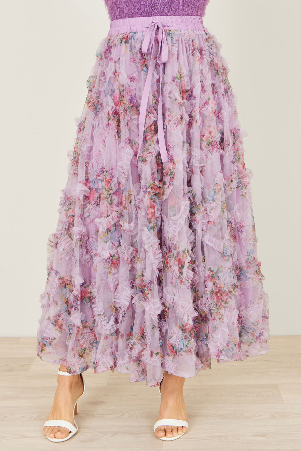 Yumi Lilac Floral Ruffle Mesh Midi Skirt - QHA UK