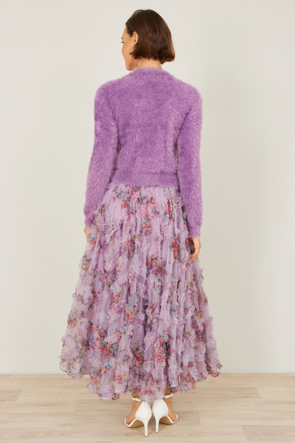 Yumi Lilac Floral Ruffle Mesh Midi Skirt - QHA UK