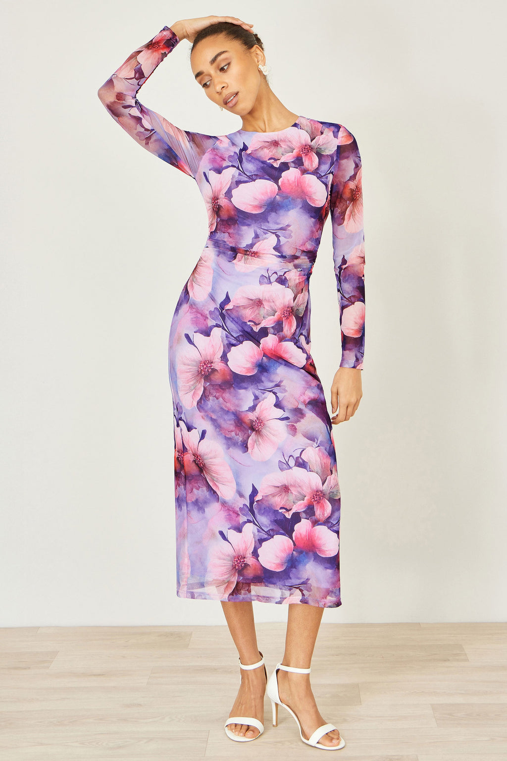 Yumi Purple Floral Mesh Midi Dress With Tie Back - QHA UK