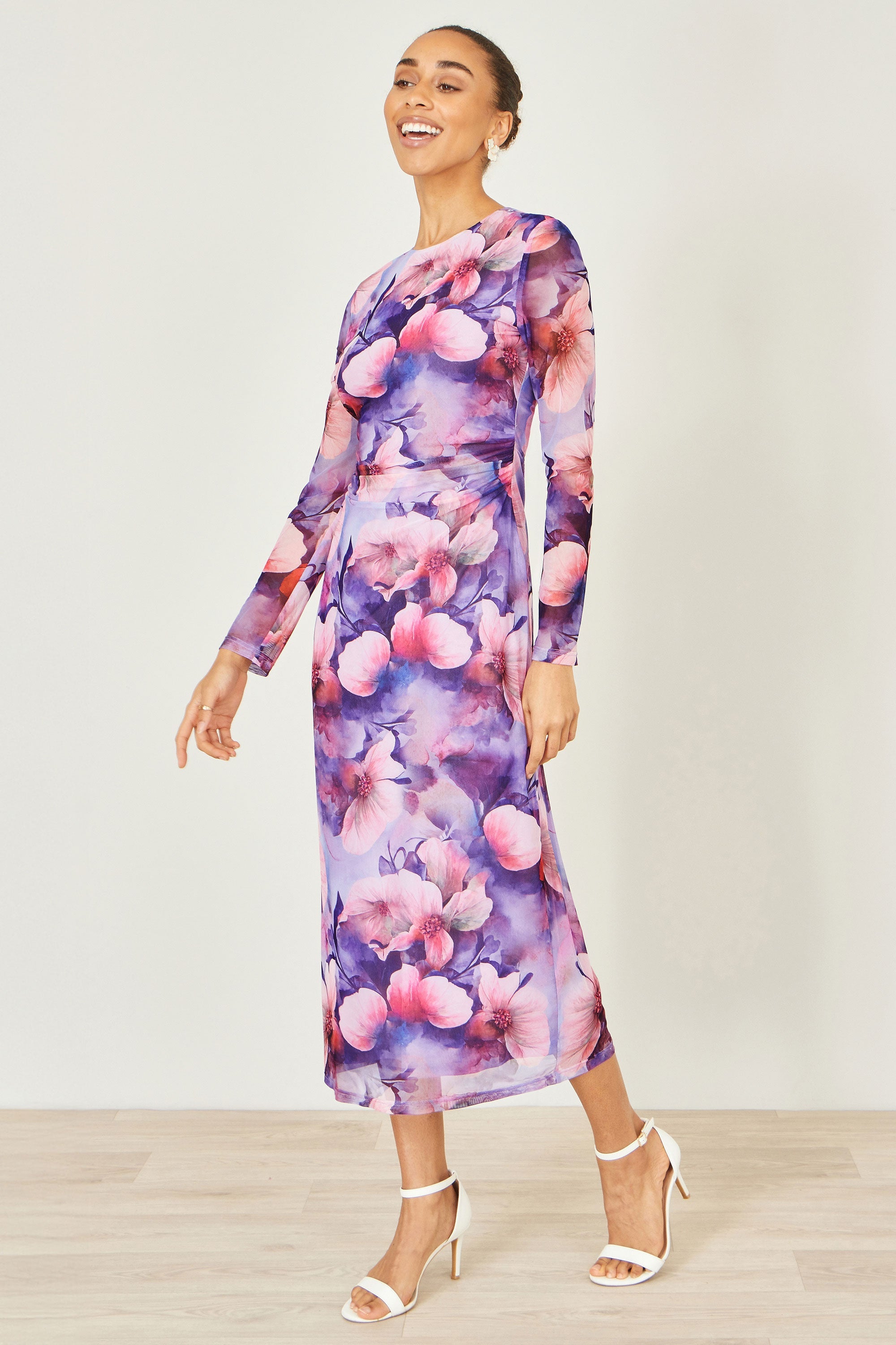 Yumi Purple Floral Mesh Midi Dress With Tie Back - QHA UK