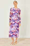 Yumi Purple Floral Mesh Midi Dress With Tie Back - QHA UK