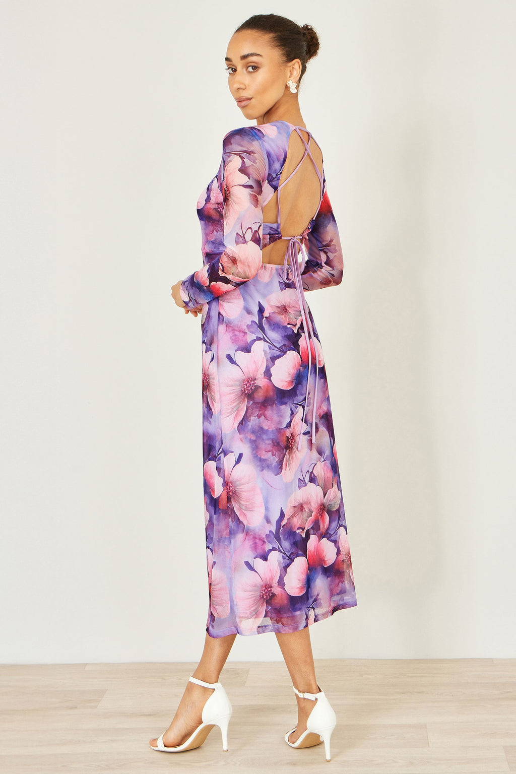 Yumi Purple Floral Mesh Midi Dress With Tie Back - QHA UK