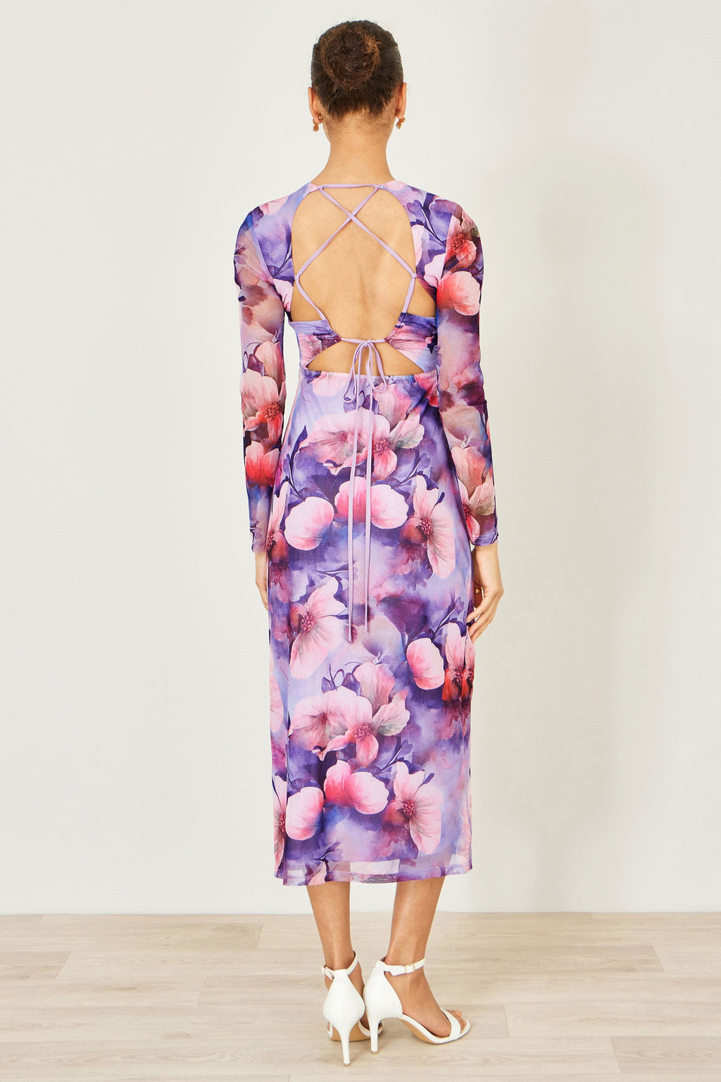 Yumi Purple Floral Mesh Midi Dress With Tie Back - QHA UK