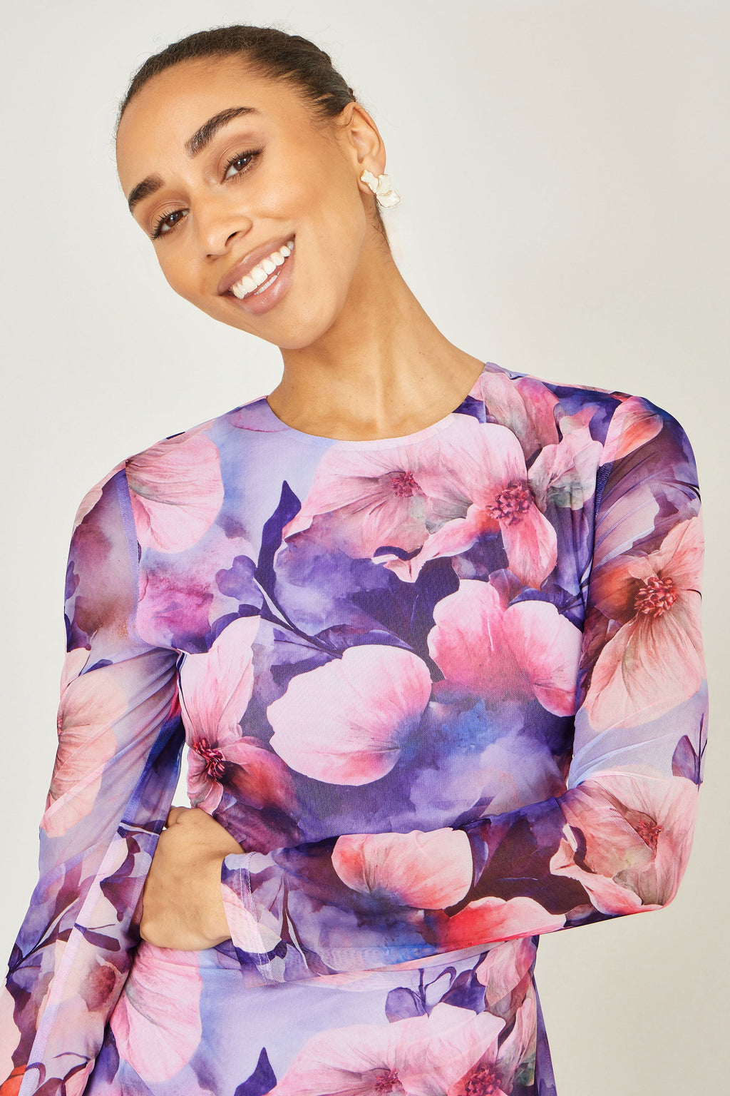 Yumi Purple Floral Mesh Midi Dress With Tie Back - QHA UK