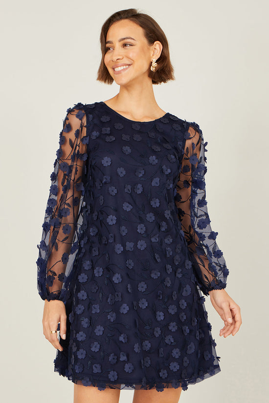 Yumi Navy Long Sleeve Floral Applique Tunic - QHA UK