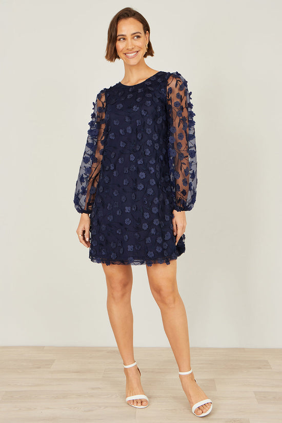 Yumi Navy Long Sleeve Floral Applique Tunic - QHA UK