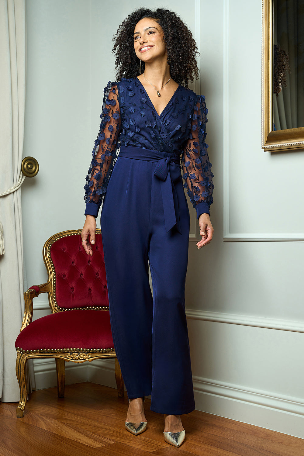 Yumi Navy Flower Applique Jumpsuit - QHA UK
