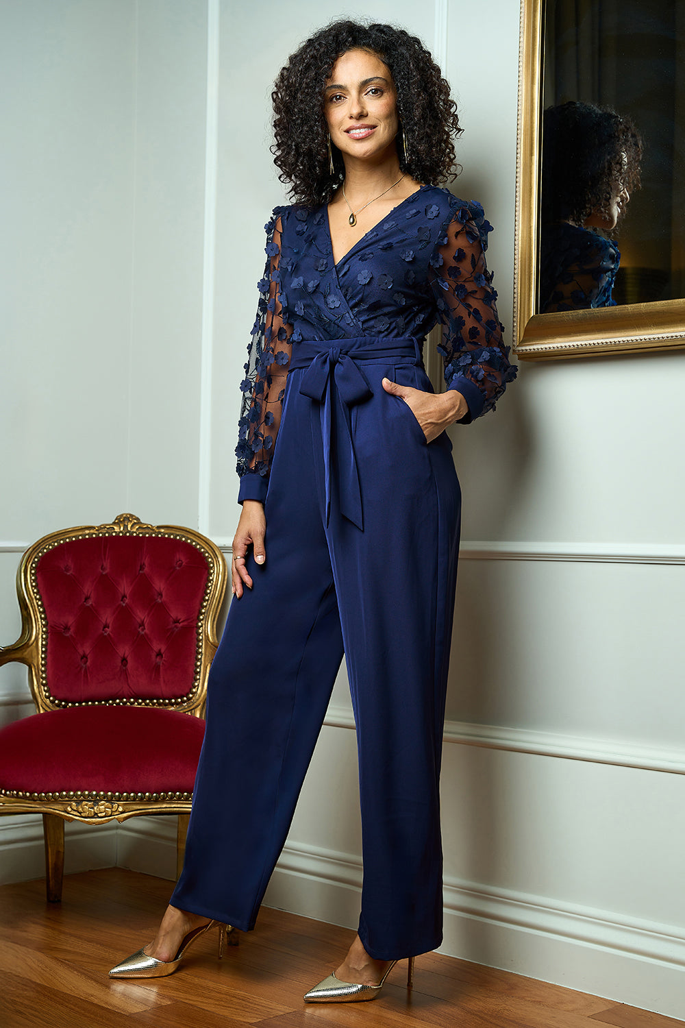 Yumi Navy Flower Applique Jumpsuit