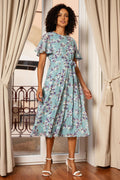 Yumi Blue Blossom Skater Midi Dress With Angel Sleeves - QHA UK