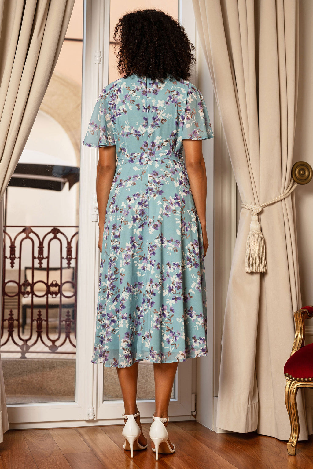 Yumi Blue Blossom Skater Midi Dress With Angel Sleeves