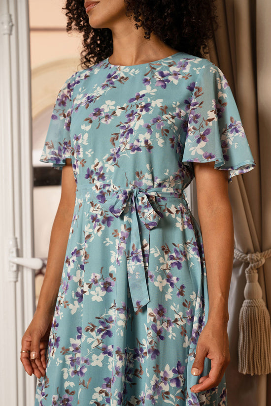 Yumi Blue Blossom Skater Midi Dress With Angel Sleeves - QHA UK