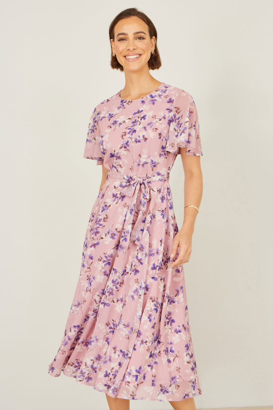 Yumi Pink Blossom Skater Midi Dress With Angel Sleeves - QHA UK