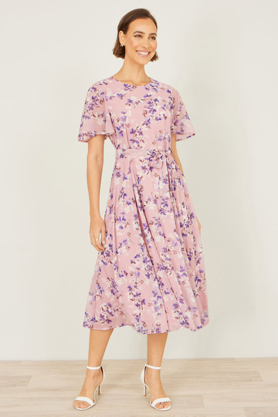 Yumi Pink Blossom Skater Midi Dress With Angel Sleeves - QHA UK