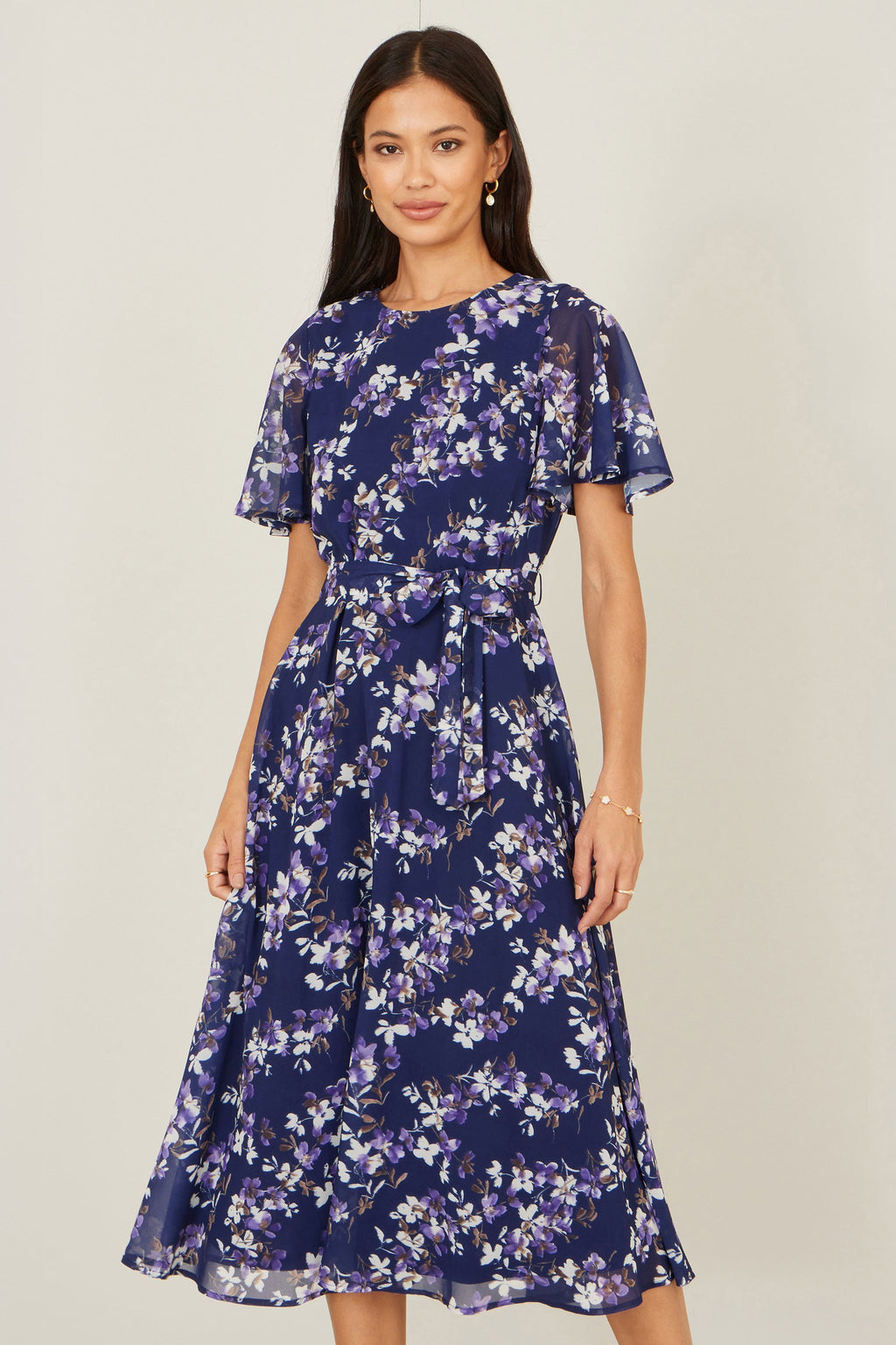Yumi Navy Blossom Print Midi Skater Dress With Angel Sleeves - QHA UK