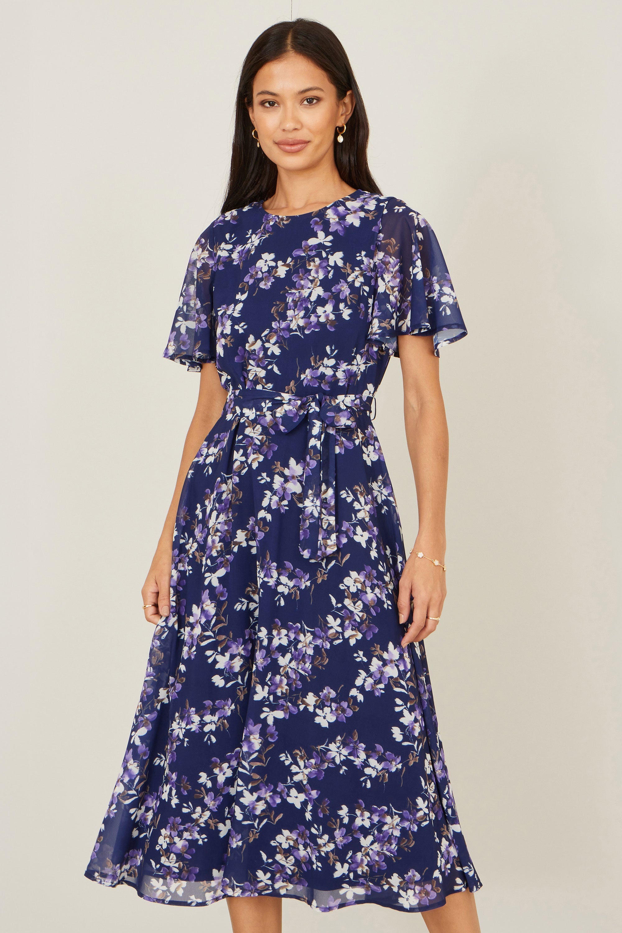 Yumi Navy Blossom Print Midi Skater Dress With Angel Sleeves - QHA UK