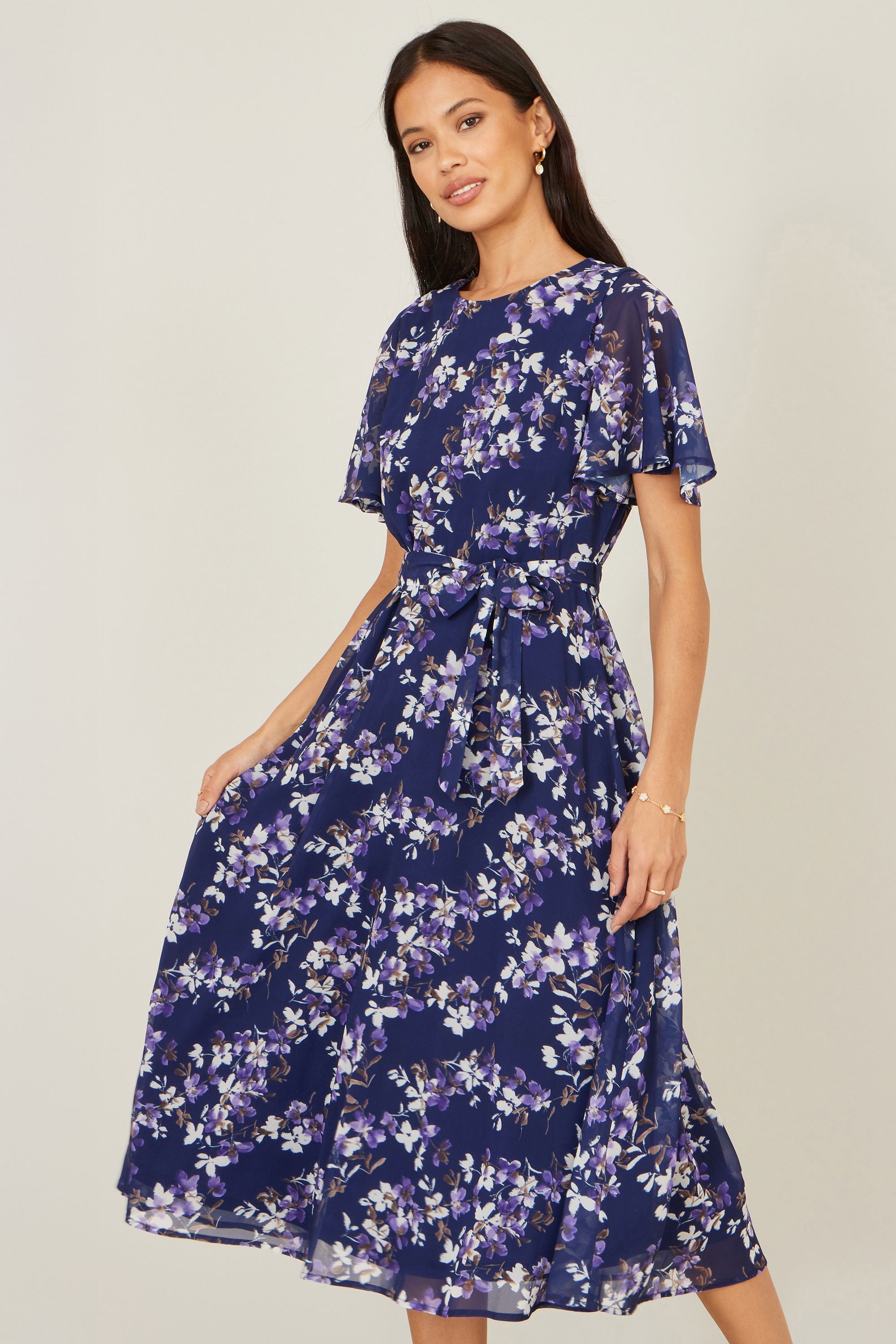 Yumi Navy Blossom Print Midi Skater Dress With Angel Sleeves - QHA UK