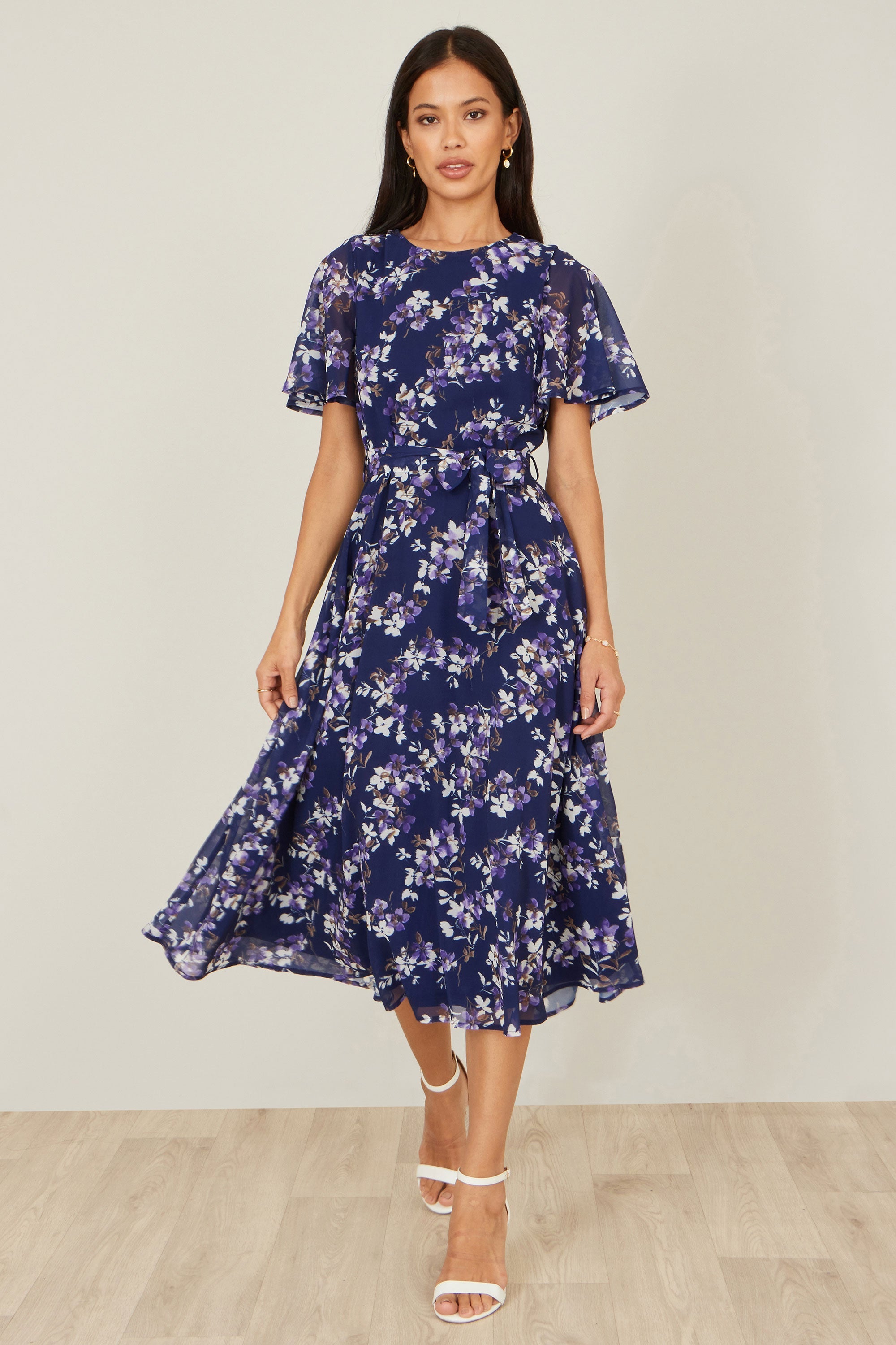 Yumi Navy Blossom Print Midi Skater Dress With Angel Sleeves - QHA UK