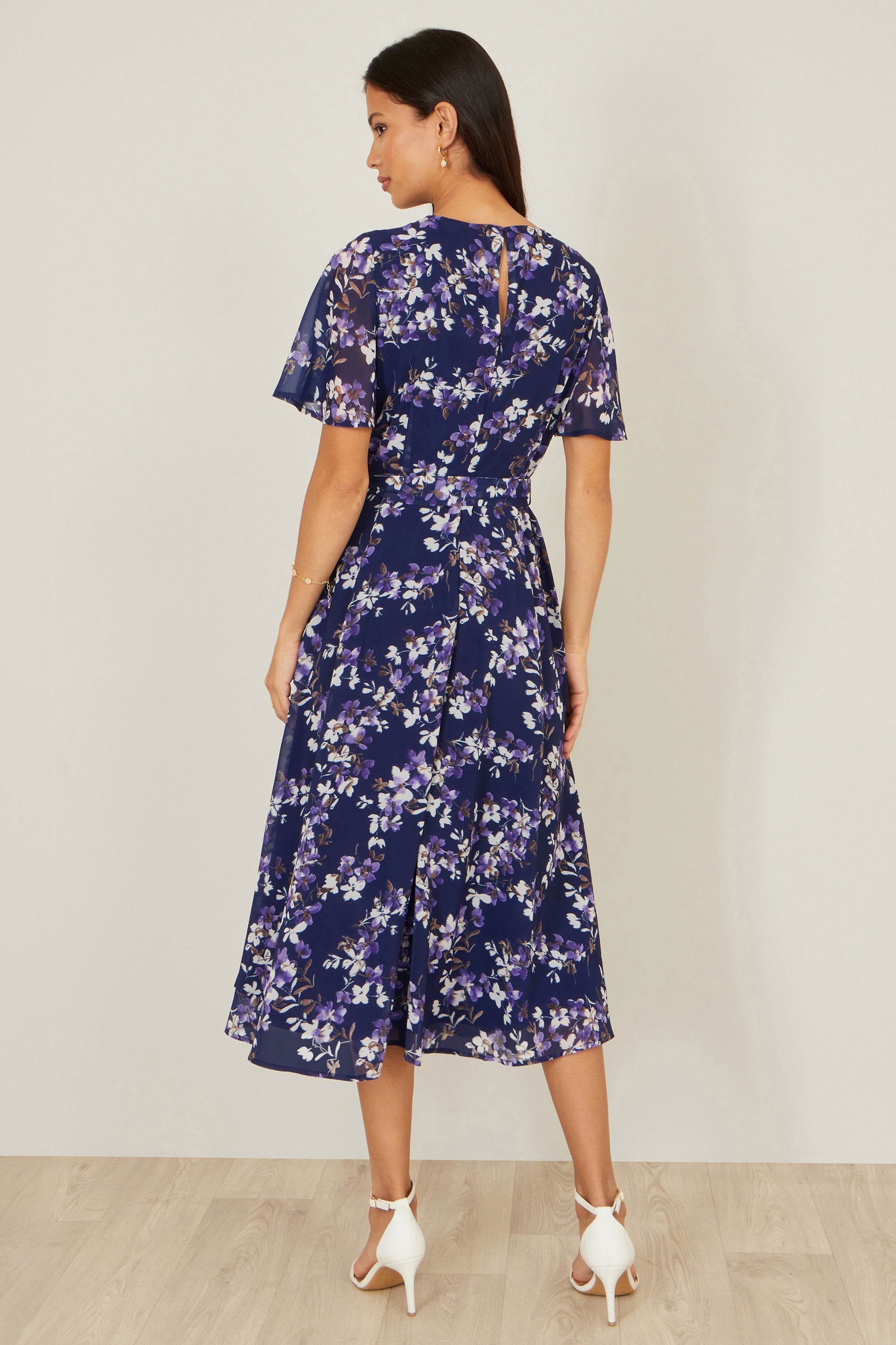 Yumi Navy Blossom Print Midi Skater Dress With Angel Sleeves - QHA UK
