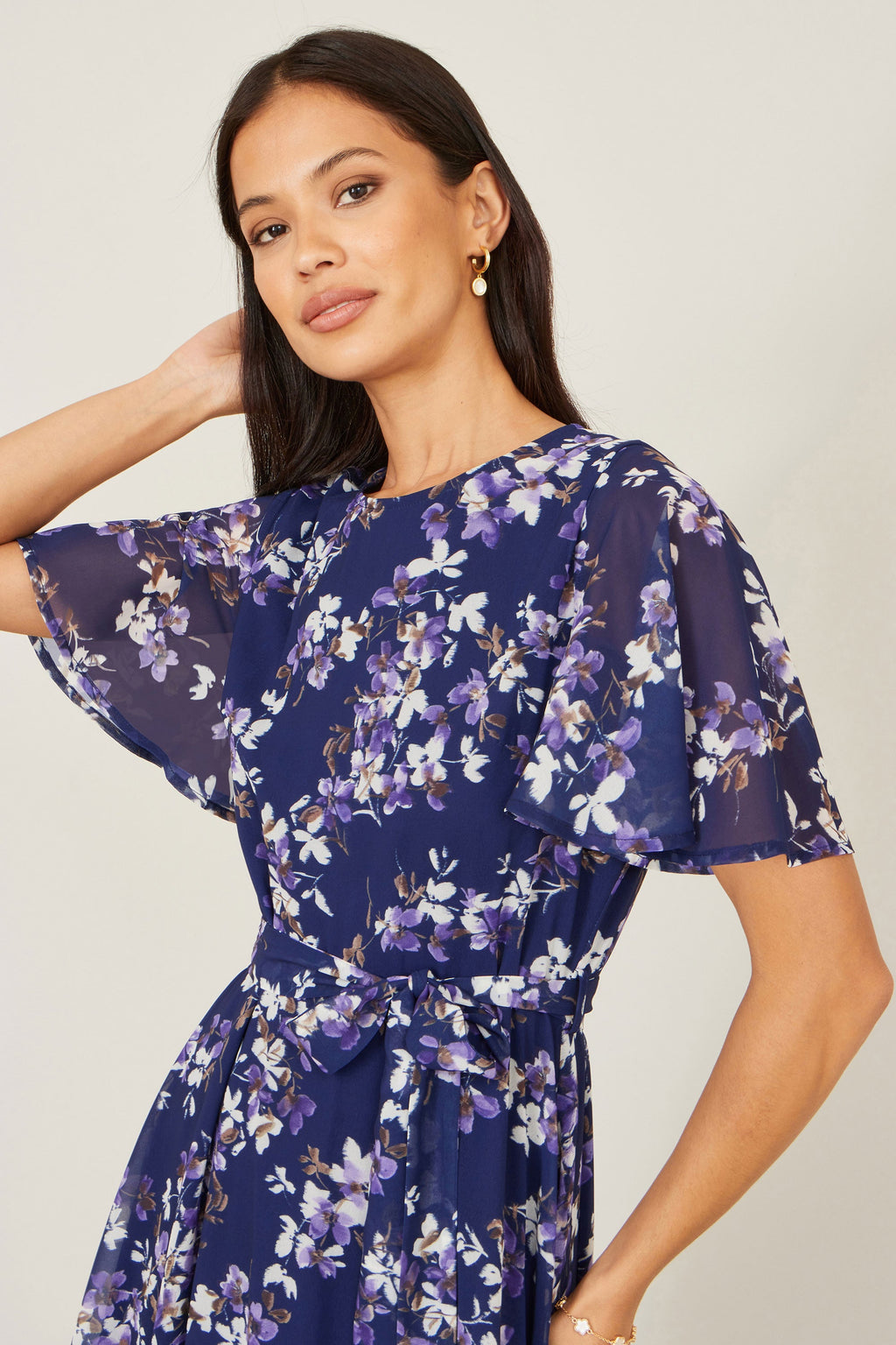 Yumi Navy Blossom Print Midi Skater Dress With Angel Sleeves - QHA UK