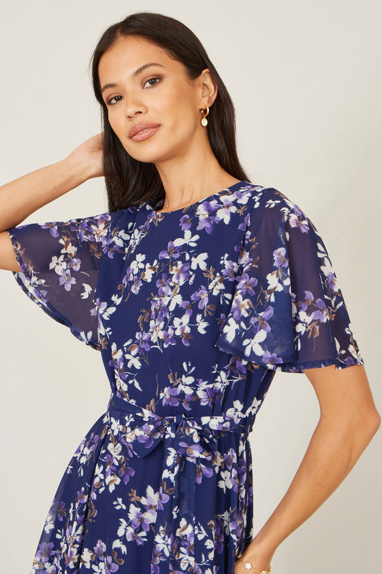 Yumi Navy Blossom Print Midi Skater Dress With Angel Sleeves - QHA UK