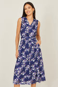 Yumi Navy Blossom Print Mesh Stretch Midi Dress With Pockets - QHA UK