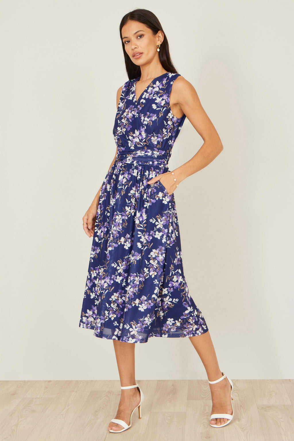 Yumi Navy Blossom Print Mesh Stretch Midi Dress With Pockets - QHA UK