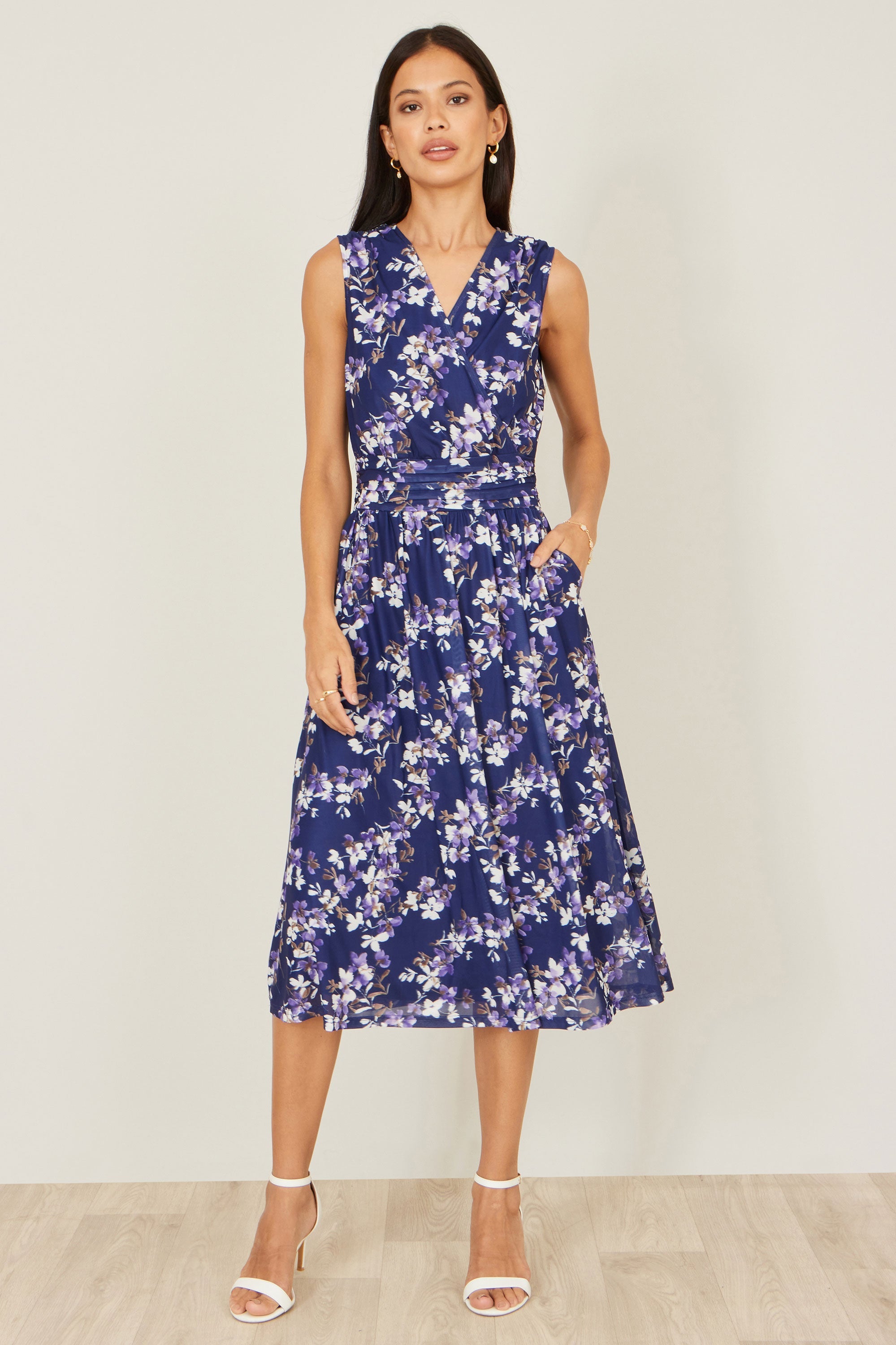 Yumi Navy Blossom Print Mesh Stretch Midi Dress With Pockets - QHA UK