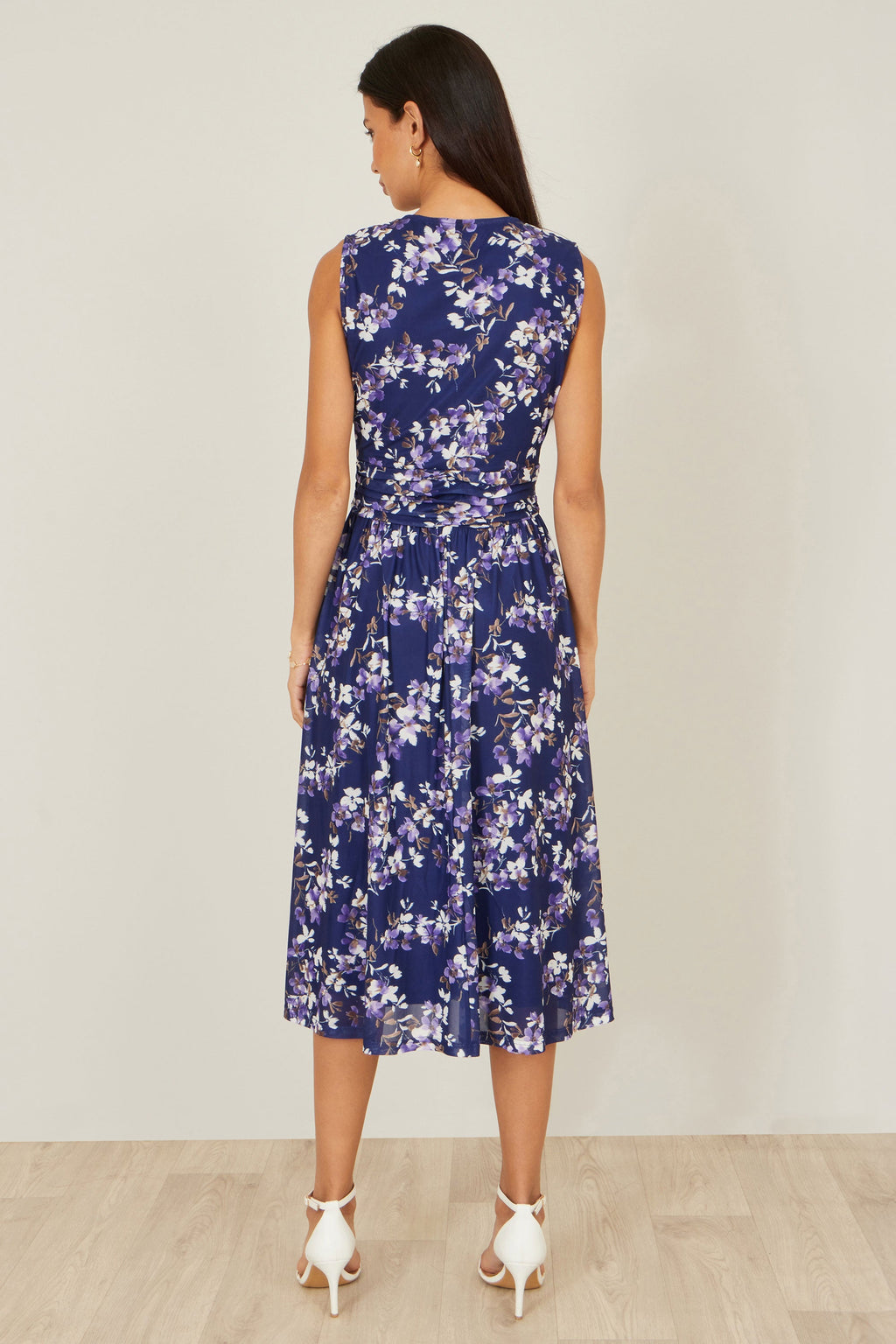 Yumi Navy Blossom Print Mesh Stretch Midi Dress With Pockets - QHA UK