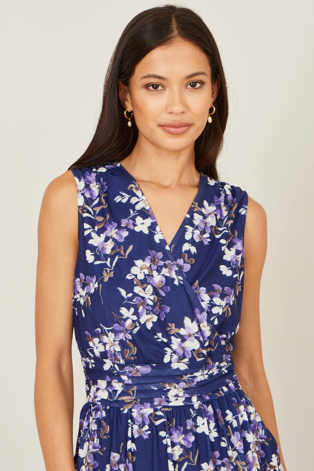 Yumi Navy Blossom Print Mesh Stretch Midi Dress With Pockets - QHA UK