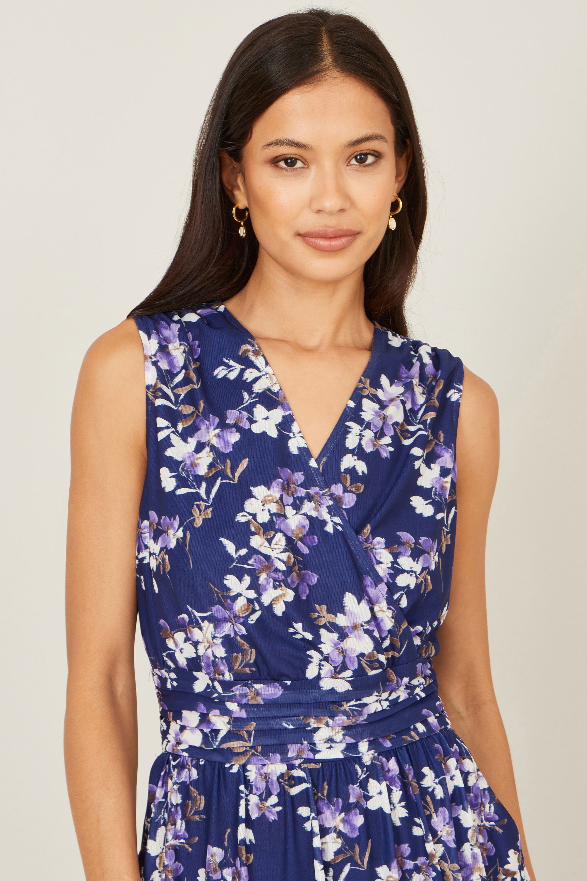 Yumi Navy Blossom Print Mesh Stretch Midi Dress With Pockets - QHA UK