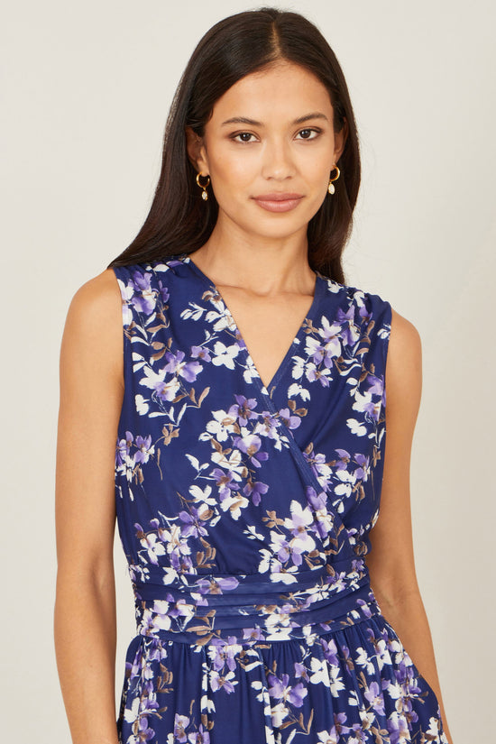 Yumi Navy Blossom Print Mesh Stretch Midi Dress With Pockets - QHA UK