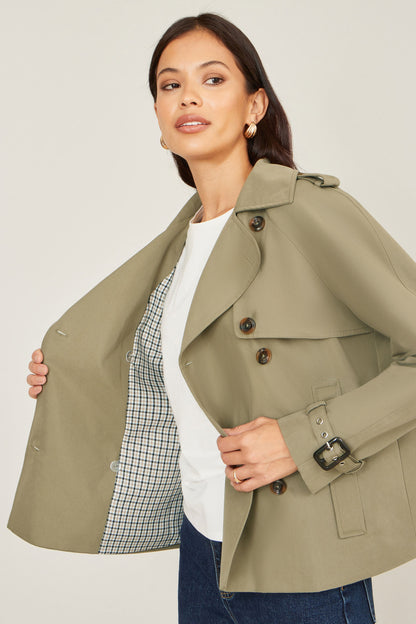 Yumi Green Cropped Trench Jacket With Pockets and Check Lining - QHA UK