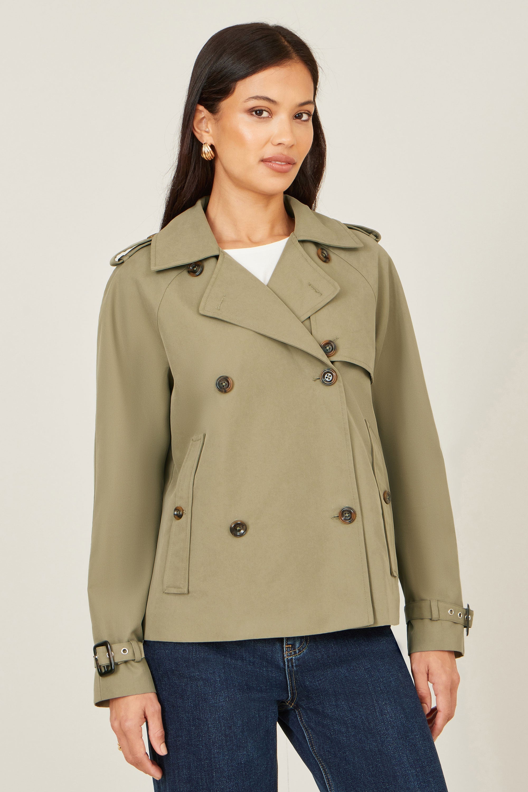 Yumi Green Cropped Trench Jacket With Pockets and Check Lining