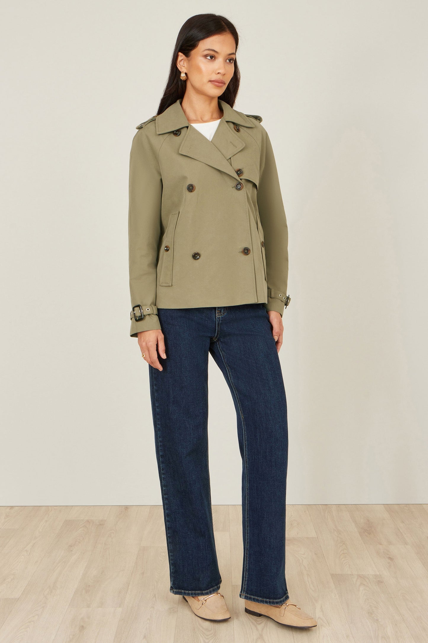 Yumi Green Cropped Trench Jacket With Pockets and Check Lining - QHA UK