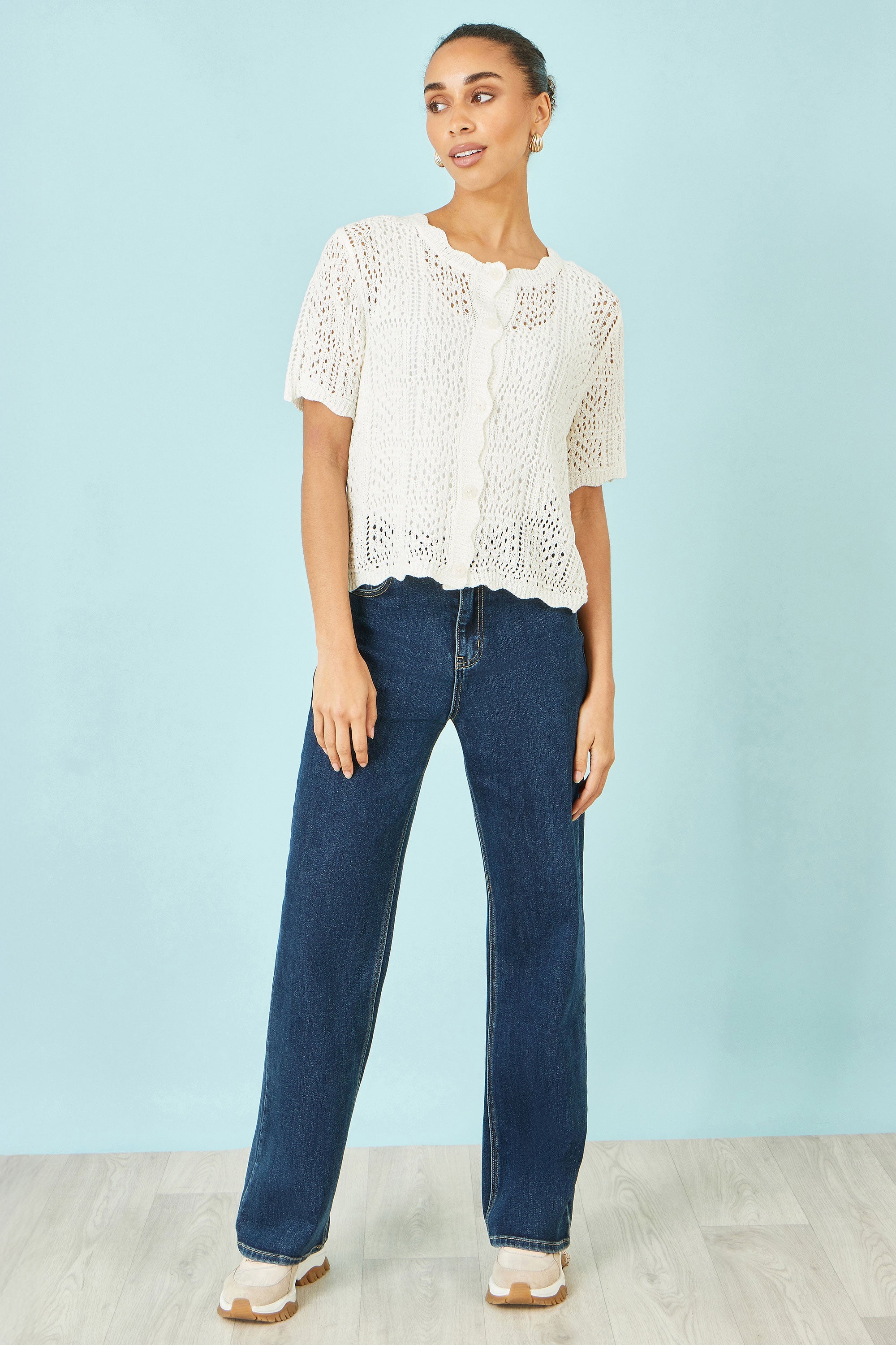Yumi White Crochet Short Sleeve Cardigan