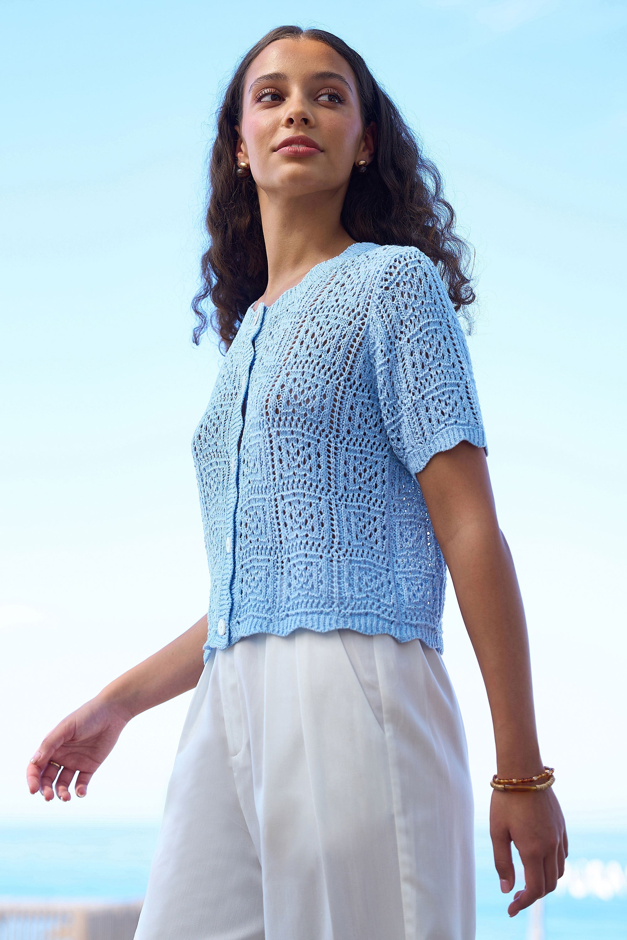 Yumi Blue Crochet Short Sleeve Cardigan - QHA UK