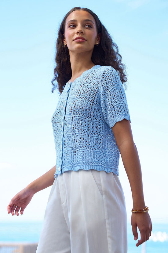 Yumi Blue Crochet Short Sleeve Cardigan - QHA UK
