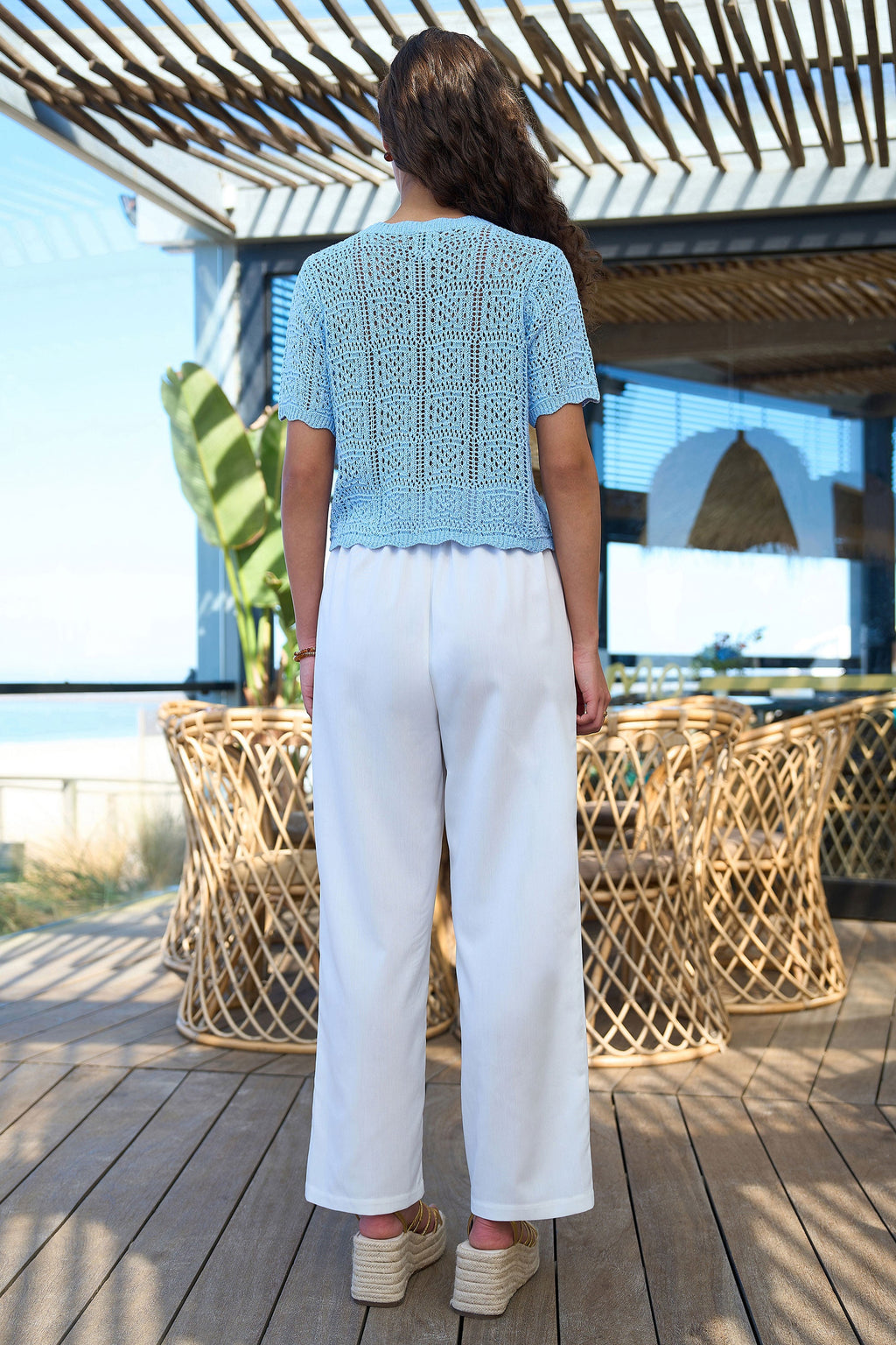 Yumi Blue Crochet Short Sleeve Cardigan - QHA UK