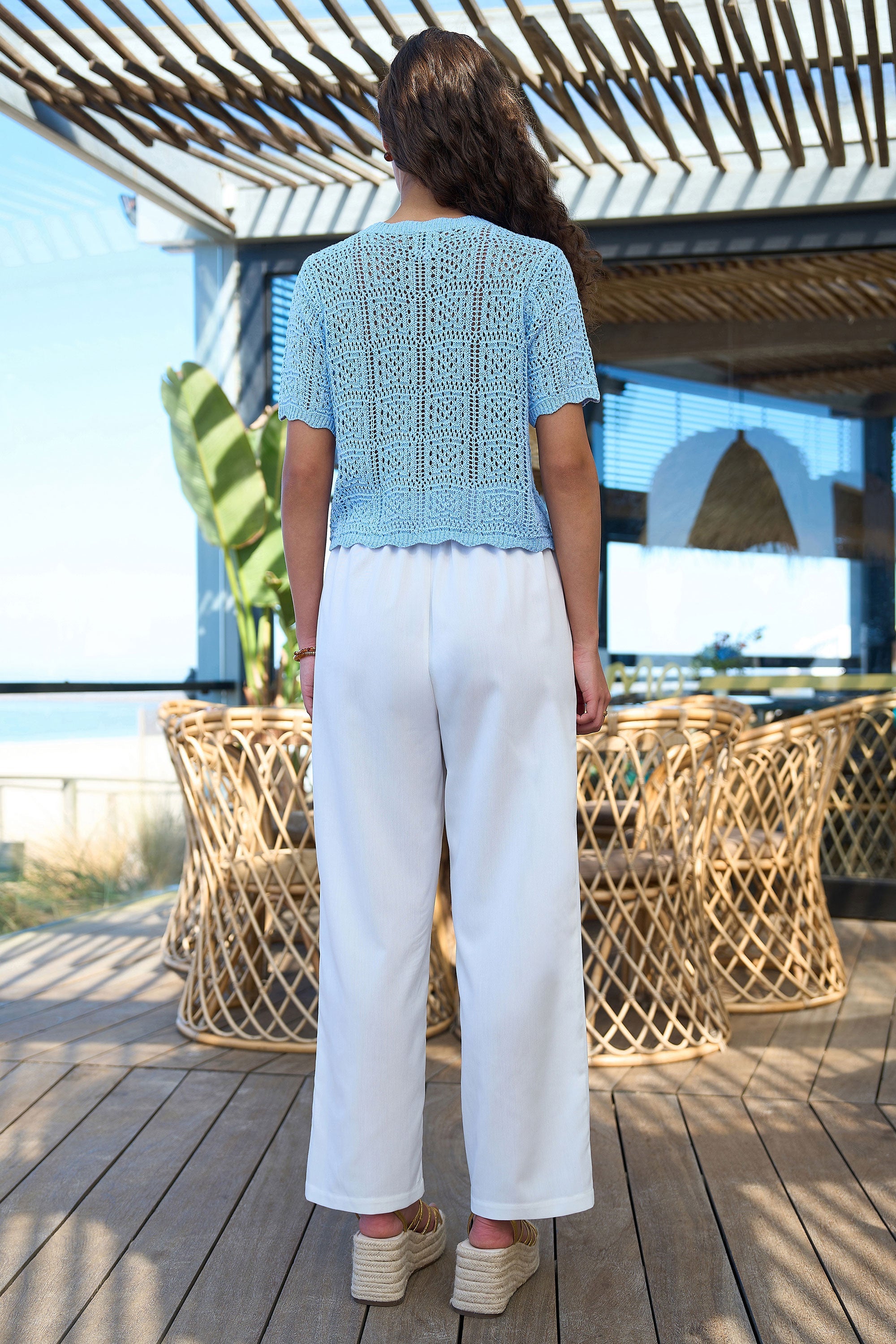 Yumi Blue Crochet Short Sleeve Cardigan - QHA UK