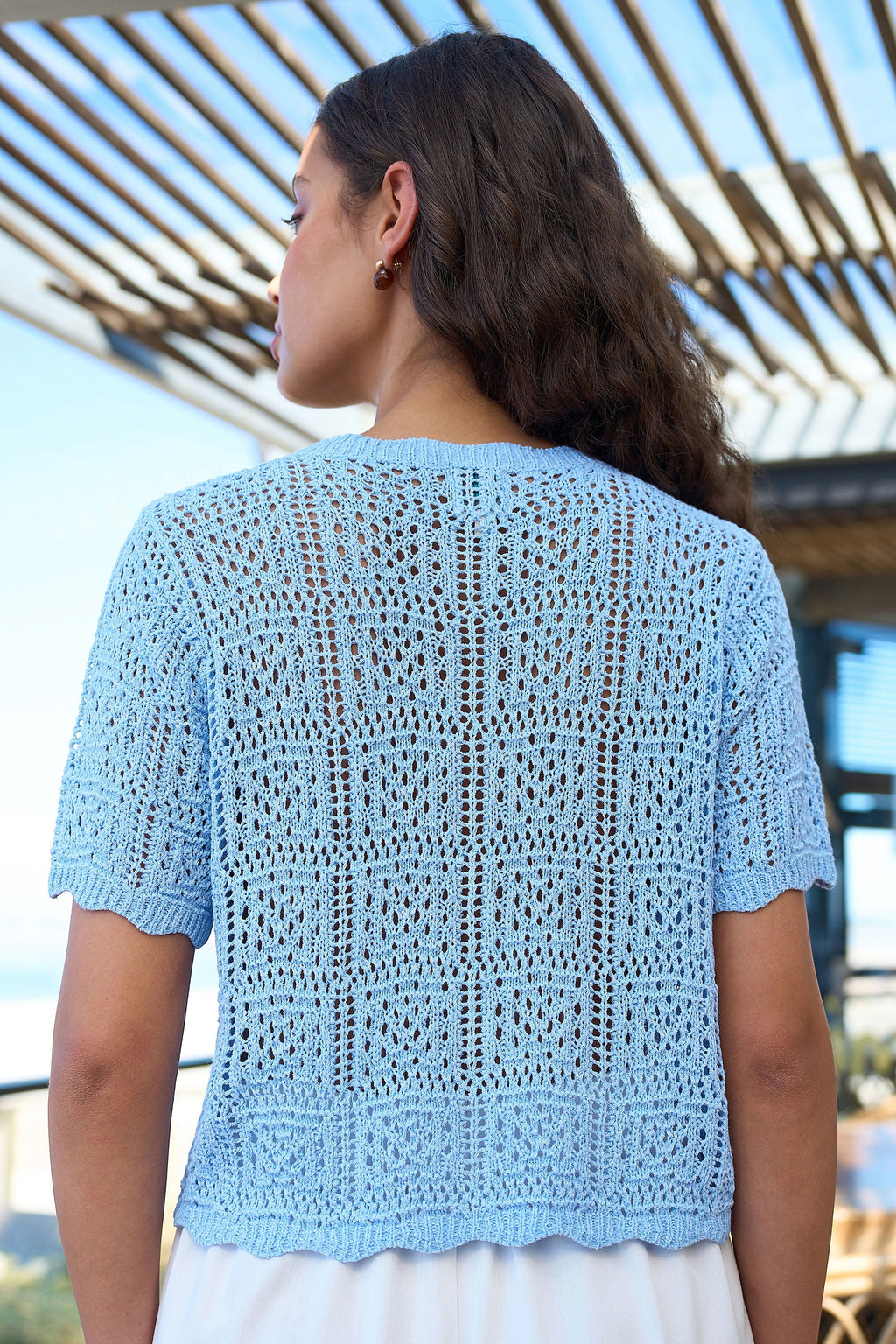 Yumi Blue Crochet Short Sleeve Cardigan - QHA UK