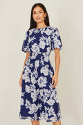 Yumi Navy Flower Stretch Mesh Midi Dress With Angel Sleeves - QHA UK