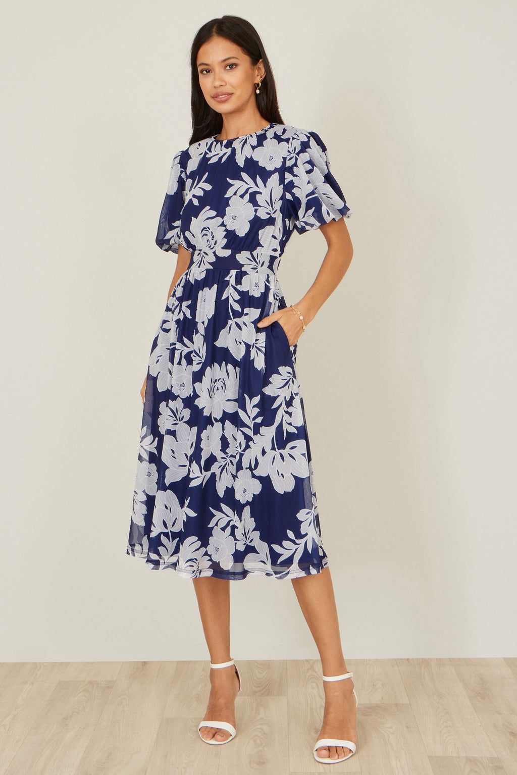 Yumi Navy Flower Stretch Mesh Midi Dress With Angel Sleeves - QHA UK