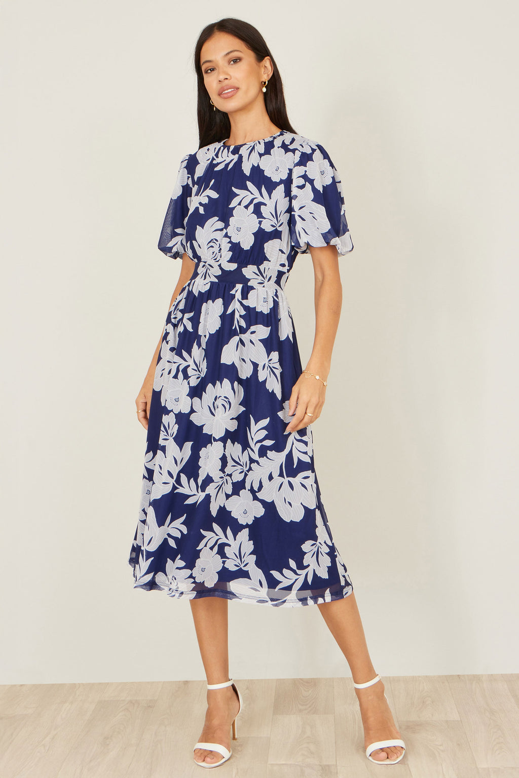 Yumi Navy Flower Stretch Mesh Midi Dress With Angel Sleeves - QHA UK