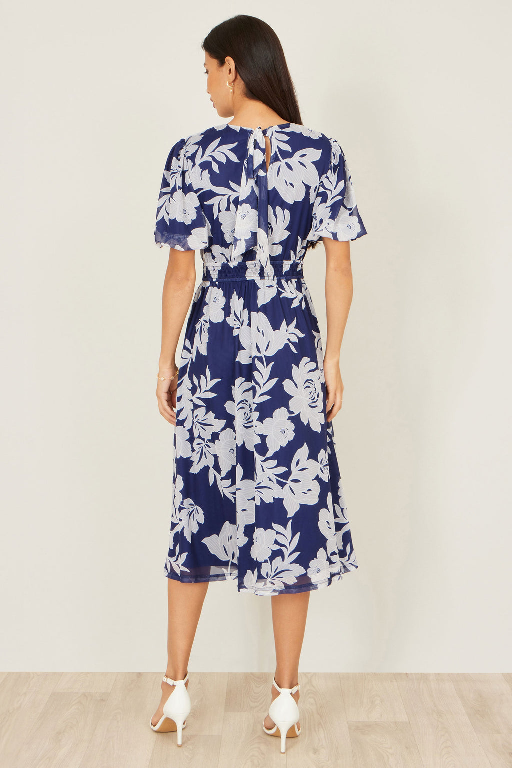 Yumi Navy Flower Stretch Mesh Midi Dress With Angel Sleeves - QHA UK