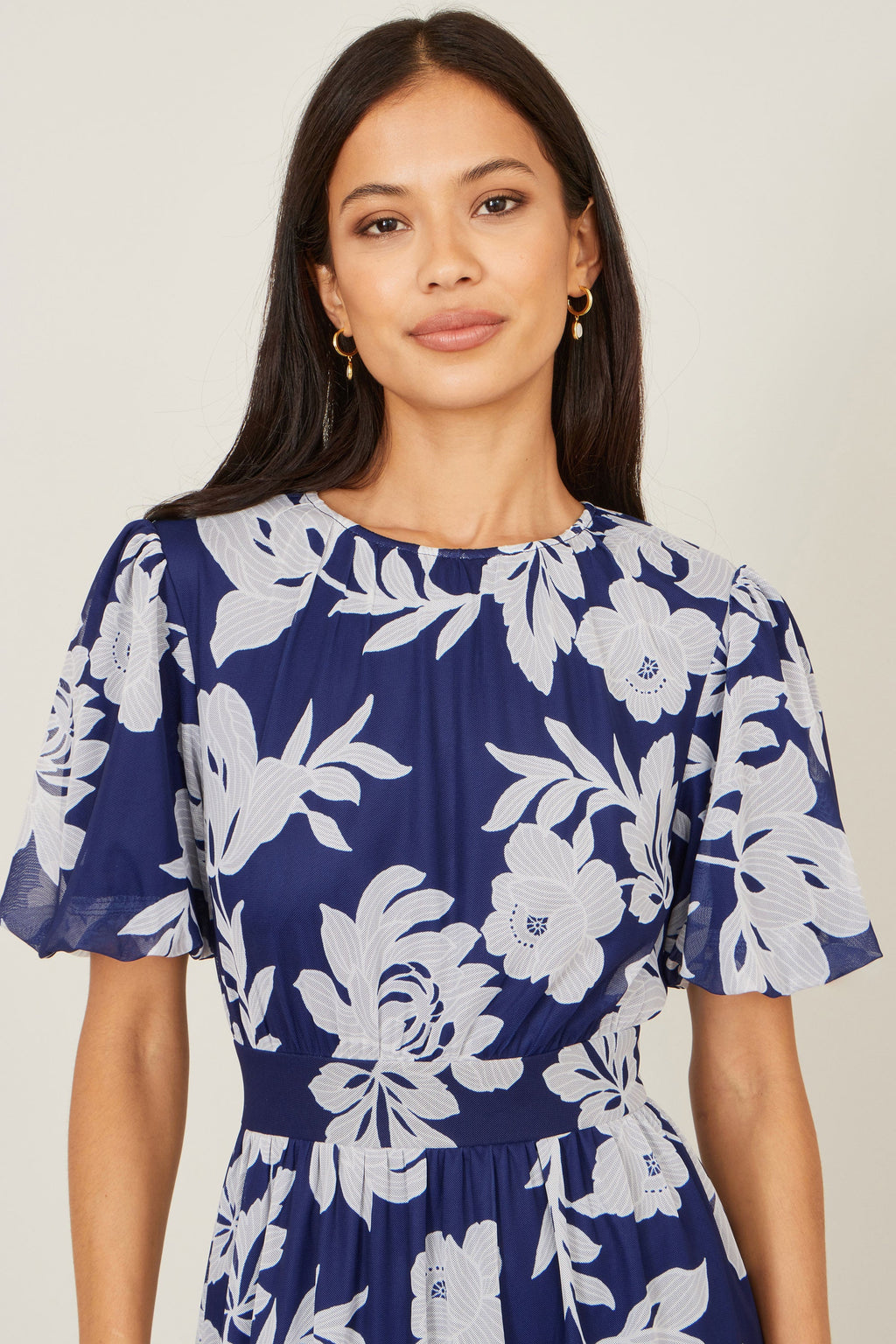 Yumi Navy Flower Stretch Mesh Midi Dress With Angel Sleeves - QHA UK